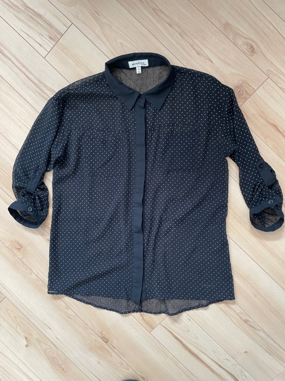 Monteau Women’s Sz S Black Button-Down Sheer Blouse with White Microdots